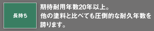 期待耐用年数20年以上。他の塗料と比べても圧倒的な耐久年数を誇ります。