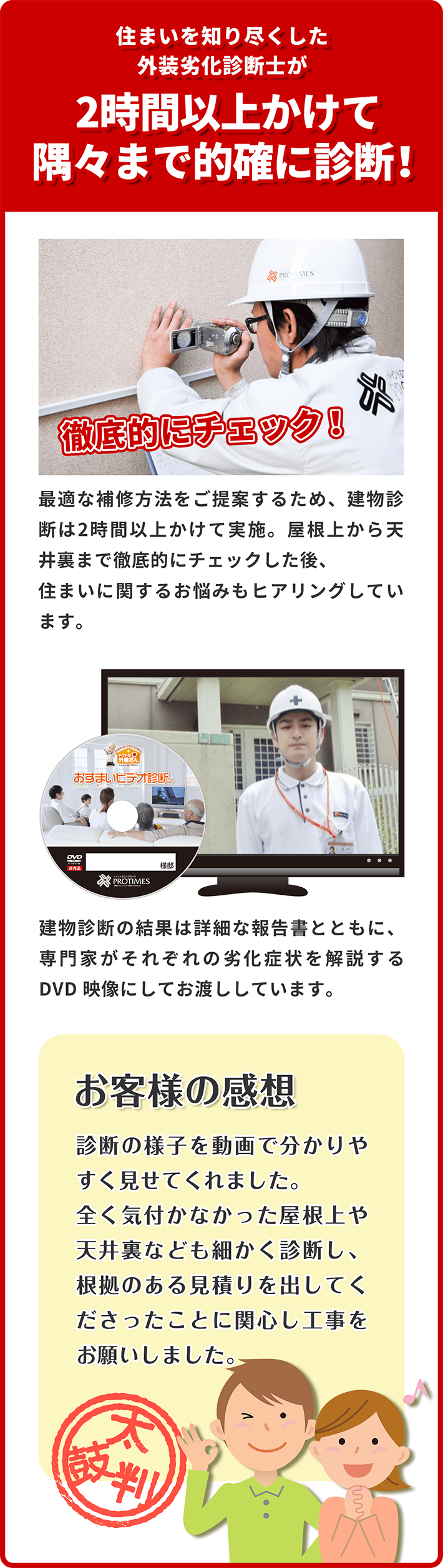 住まいを知り尽くした外装劣化診断士が2時間以上かけて隅々まで的確に診断!
