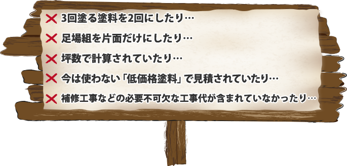 3回塗る塗料を2回にしたり…
足場組を片面だけにしたり…坪数で計算されていたり…今は使わない「低価格塗料」で見積されていたり…補修工事などの必要不可欠な工事代が含まれていなかったり…